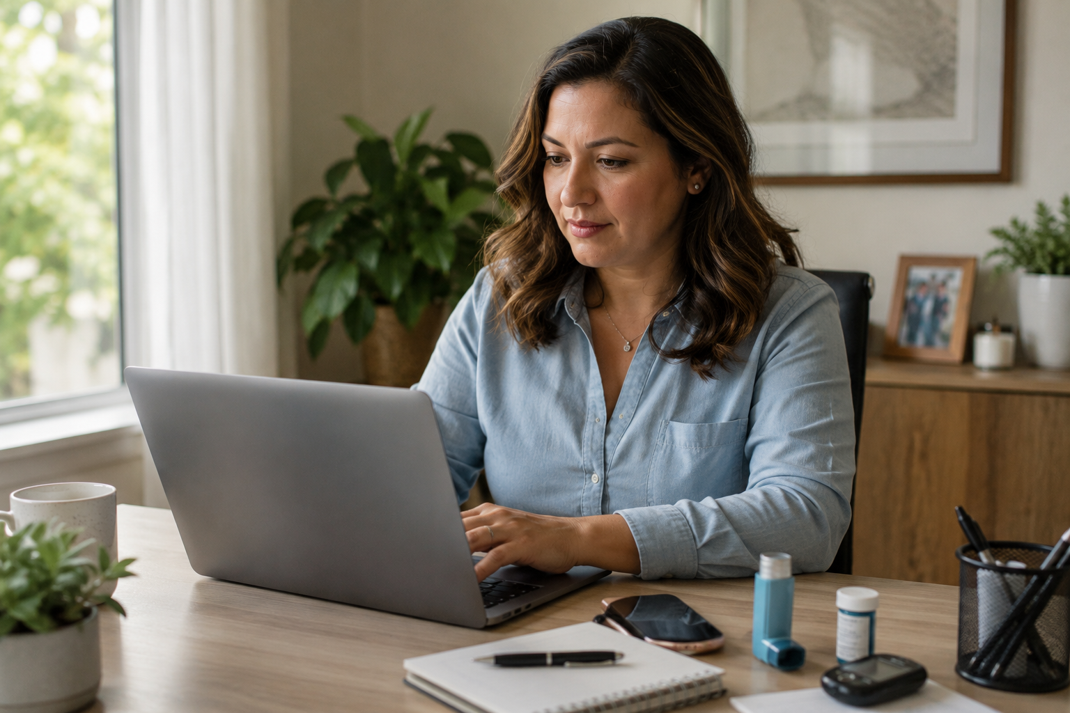 Mujer adulta trabajando desde casa con cobertura médica accesible pese a una condición preexistente, representando tranquilidad y protección financiera.