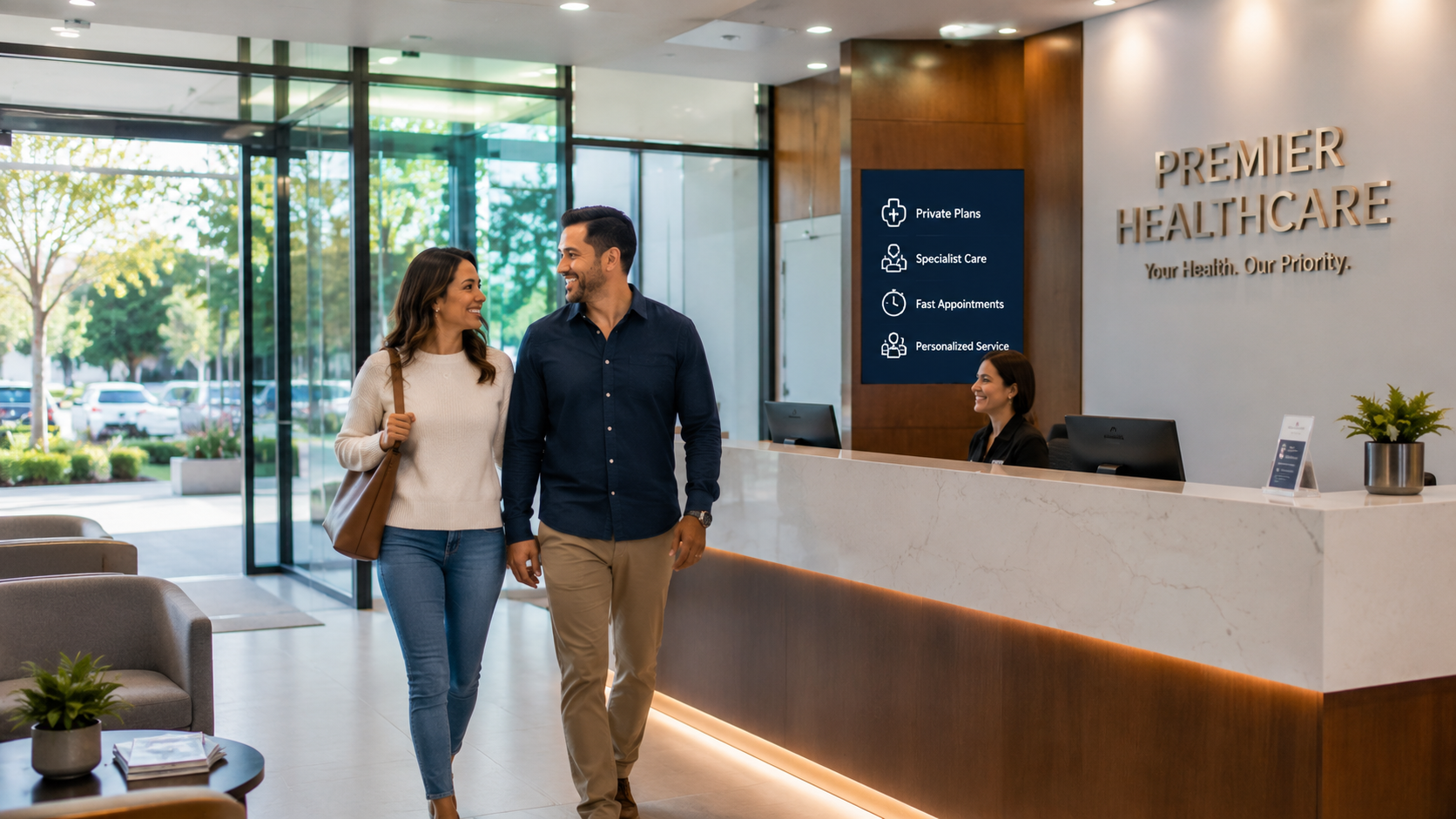 Pareja adulta accediendo a una clínica privada moderna en Estados Unidos, representando acceso rápido a atención médica de calidad.