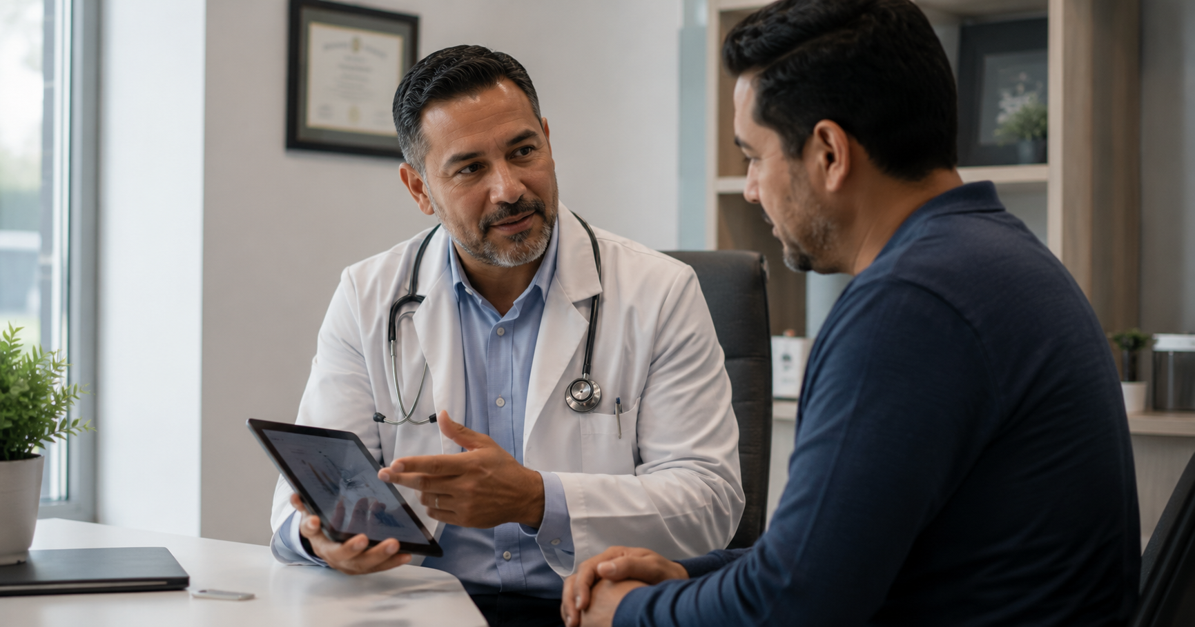 Médico especialista explicando resultados médicos a un paciente adulto en un consultorio moderno en Estados Unidos.