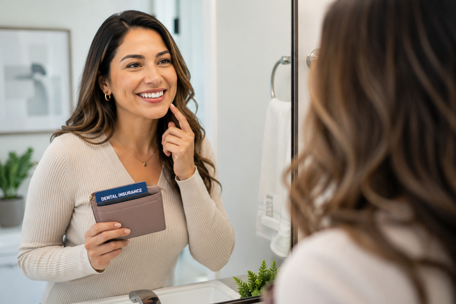 Mujer adulta sonriendo frente al espejo mientras sostiene su seguro dental, representando ahorro y cuidado de su sonrisa.