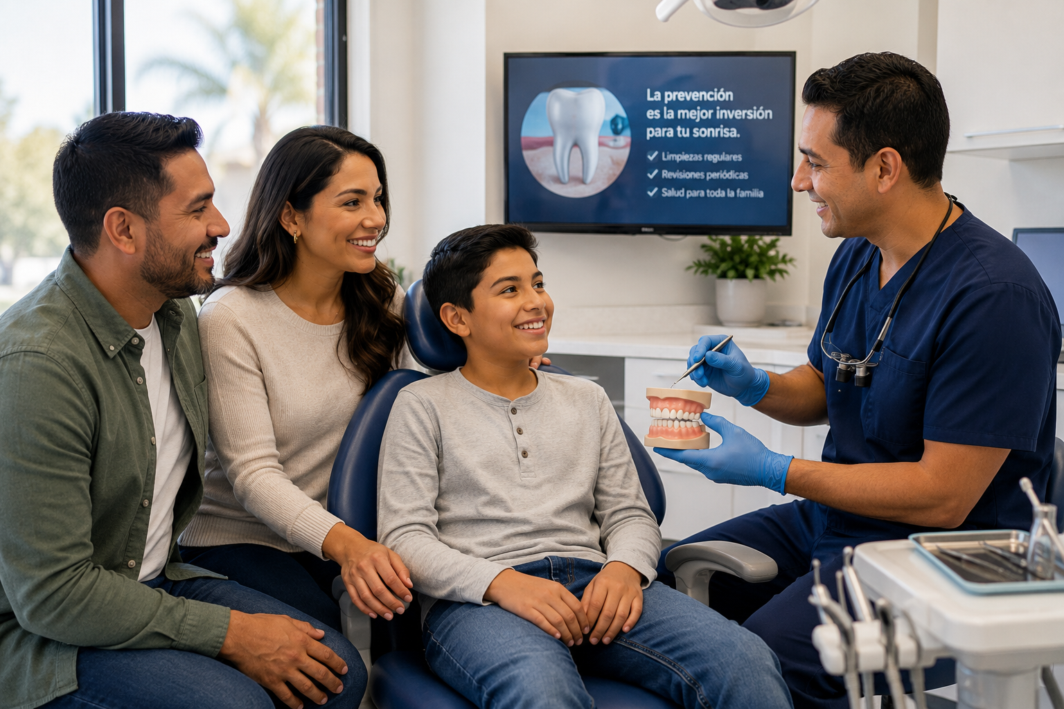 Familia recibiendo orientación sobre prevención dental durante un chequeo en una clínica moderna en Estados Unidos.