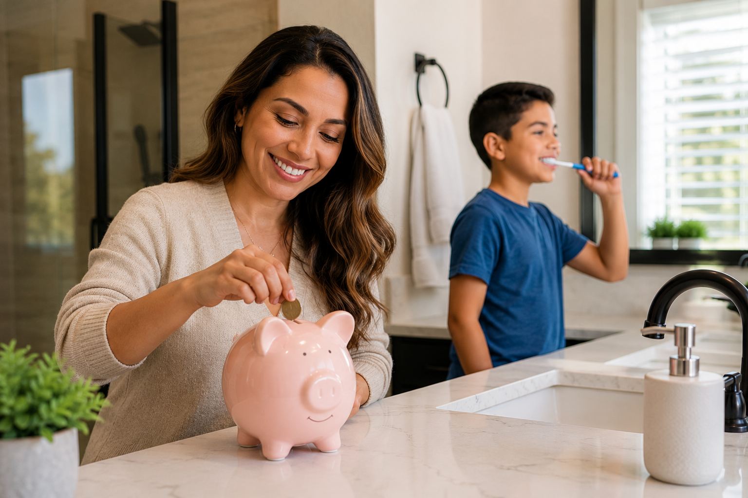 Madre ahorrando dinero en una alcancía mientras su hijo se cepilla los dientes, representando prevención dental y ahorro familiar.