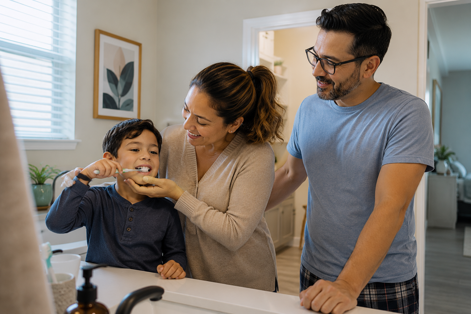 Familia realizando una rutina de higiene dental en casa, representando cuidado preventivo y bienestar familiar.