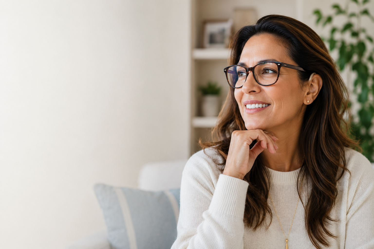 Mujer adulta con gafas y audífono discreto sonriendo en casa, representando cobertura integrada de salud dental, visual y auditiva.
