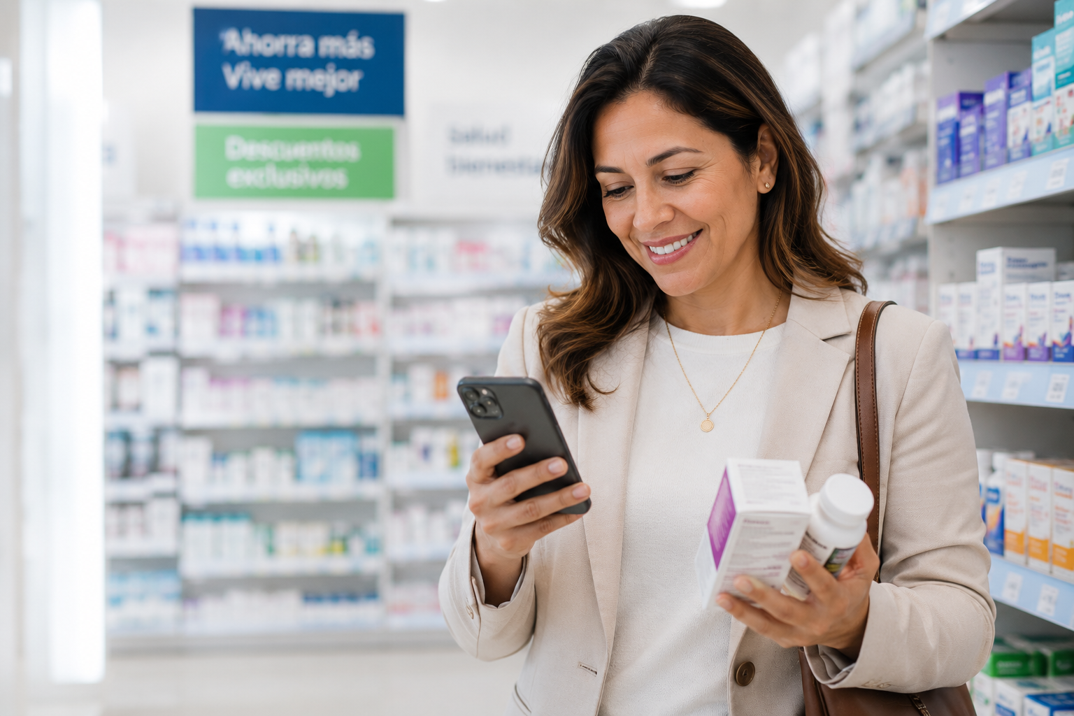 Mujer revisando descuentos en productos de salud desde su teléfono dentro de una farmacia, representando ahorro en gastos médicos diarios.