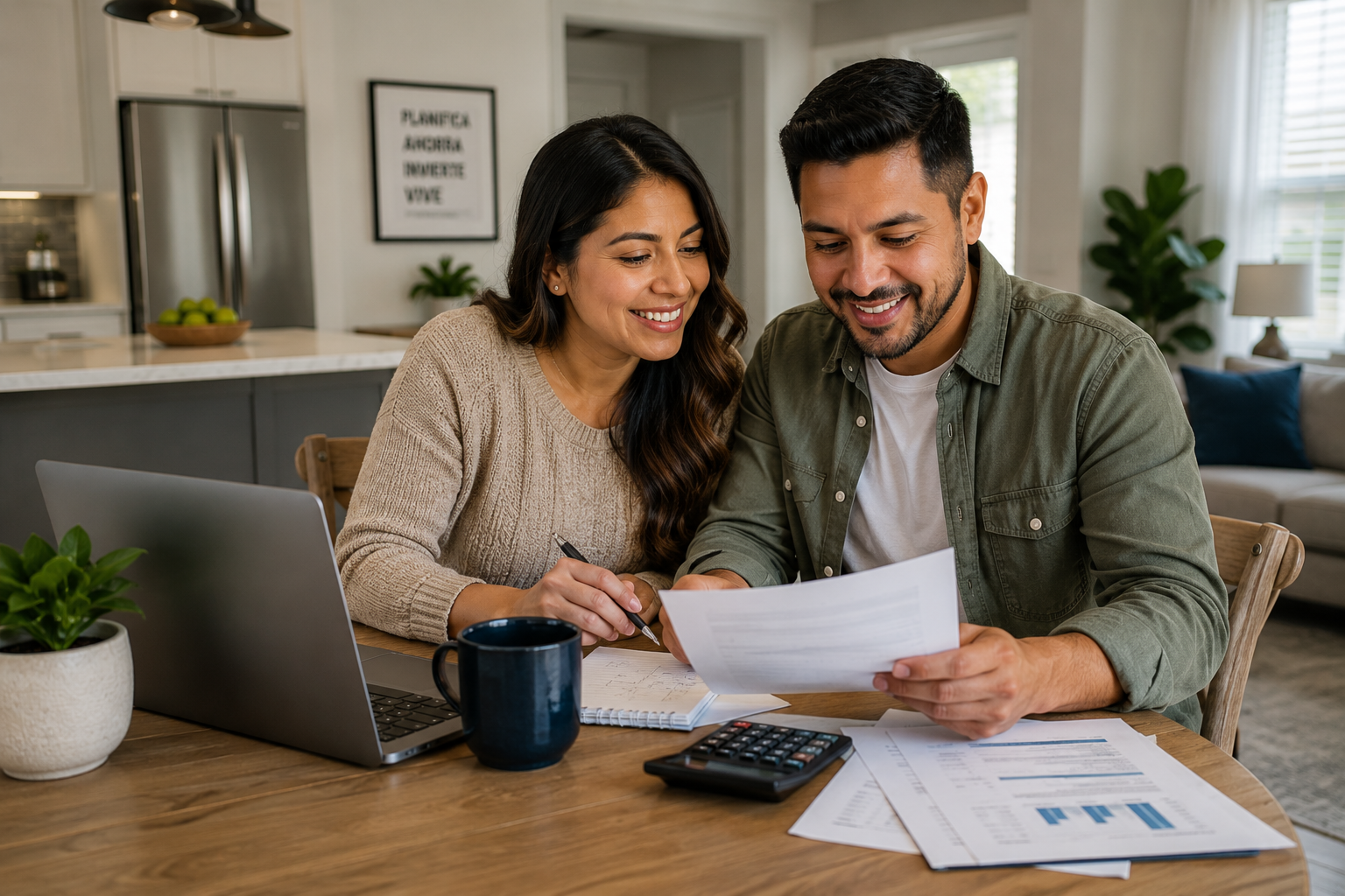 Pareja revisando sus finanzas en casa con tranquilidad, representando seguro de vida accesible y protección financiera.