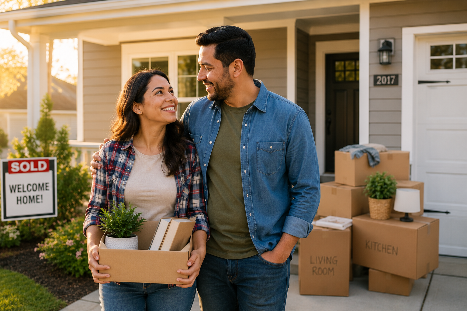 Pareja frente a su nueva casa con cajas de mudanza, representando planificación financiera y protección según cada etapa de vida.