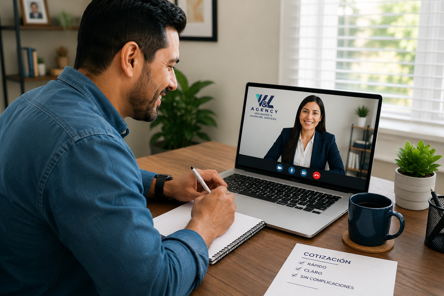 Cliente en videollamada con un asesor de V&L Agency cotizando un seguro de vida desde casa de forma rápida y sencilla.