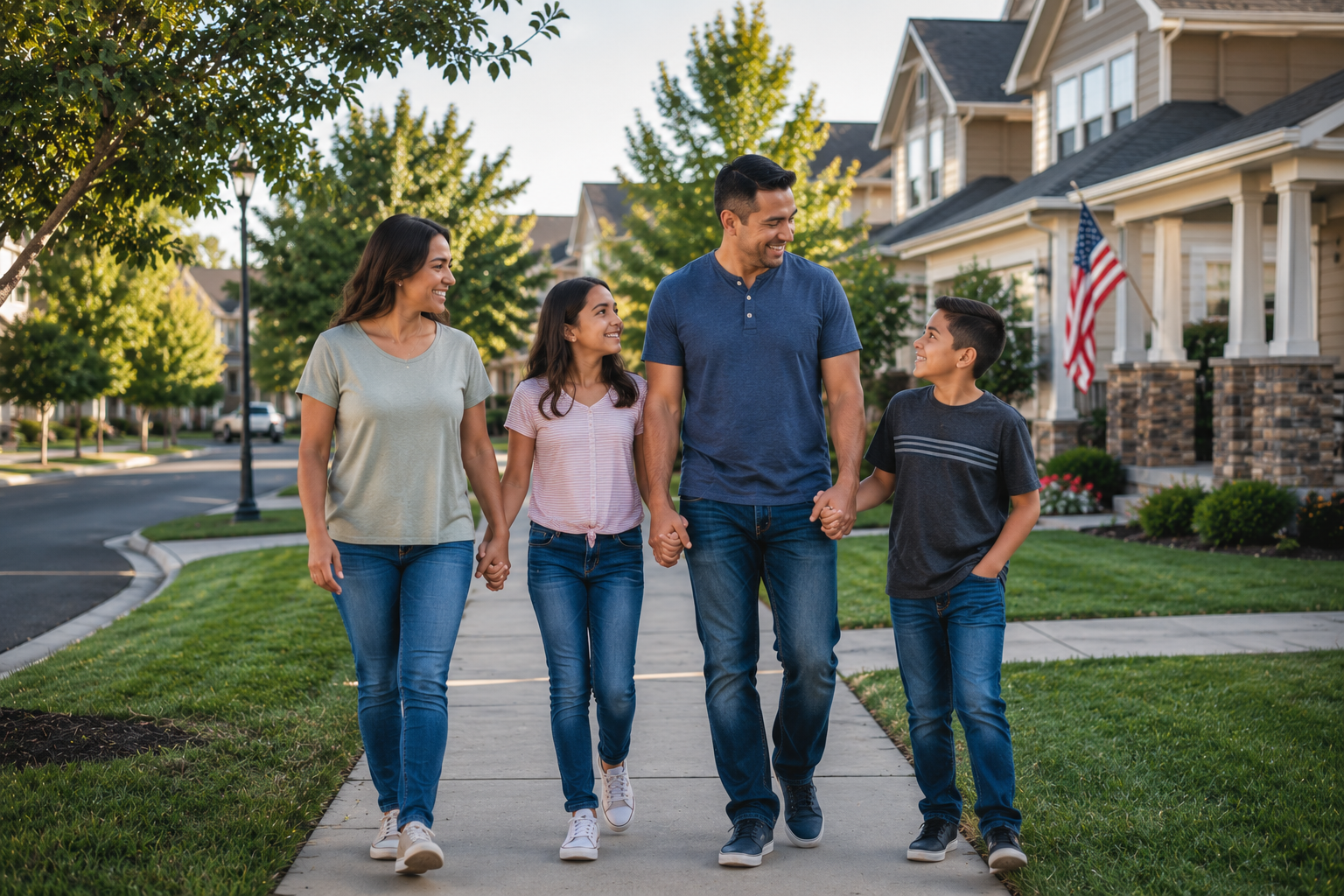 Familia latina feliz caminando en un vecindario residencial de Estados Unidos, representando seguridad y tranquilidad familiar.