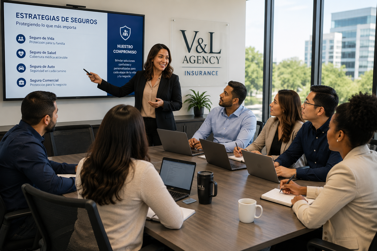 Asesores de V&L Agency Insurance capacitando a agentes de seguros en una sala de reuniones en Estados Unidos.