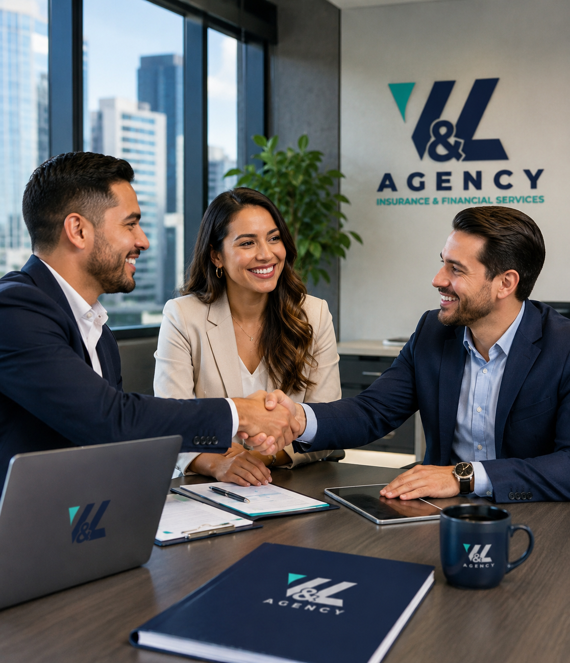 Profesionales de V&L Agency en una reunión de negocios en Estados Unidos, representando alianzas estratégicas y programa de referidos.