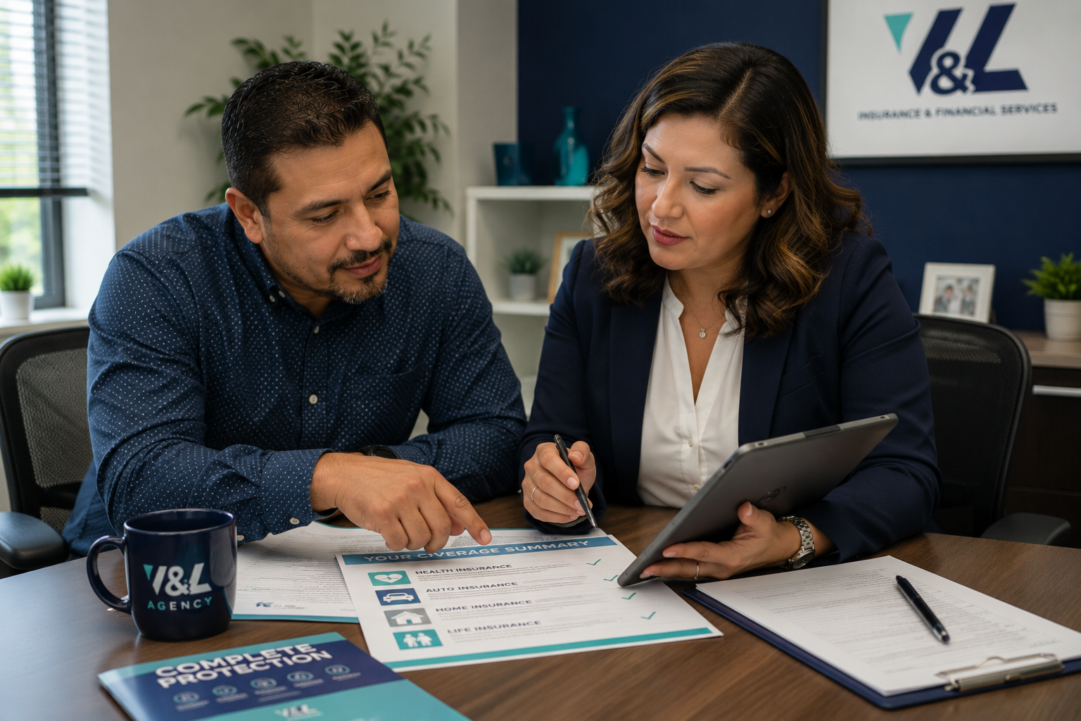 Asesora de V&L Agency revisando opciones de cobertura completa con un cliente en una oficina moderna en Estados Unidos.