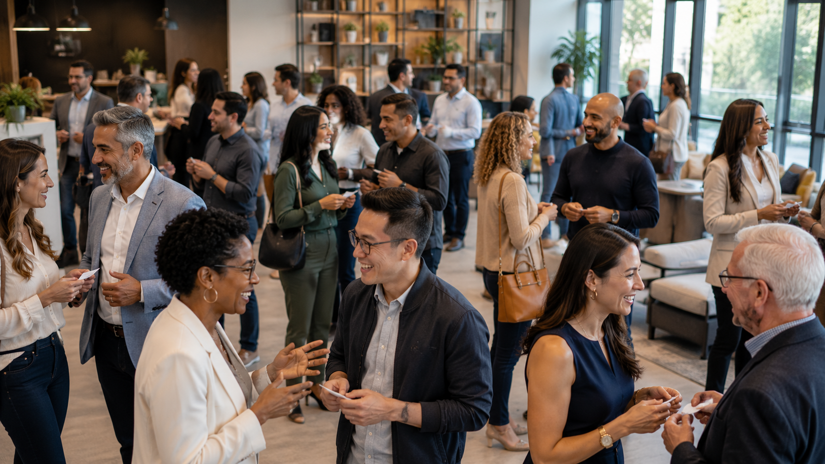 Diverse group of professionals, families, and community members networking, sharing recommendations, and building trusted connections through referrals.