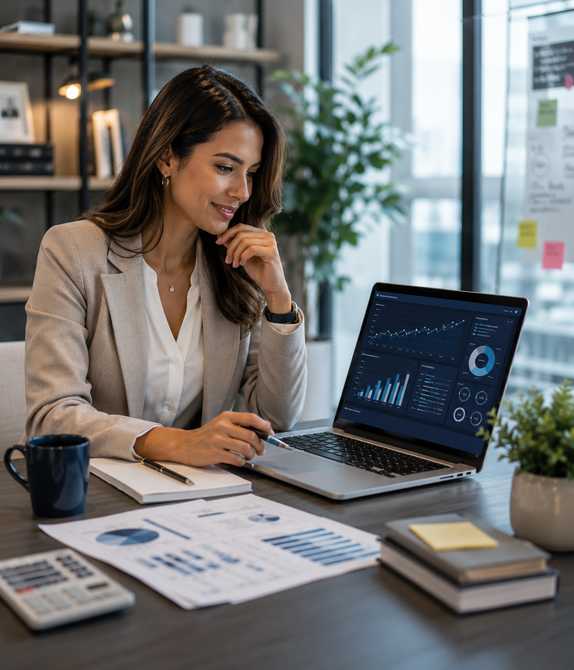 Mujer profesional analizando métricas de crecimiento y desempeño en una oficina moderna, utilizando herramientas digitales para dar seguimiento a resultados y oportunidades de negocio.