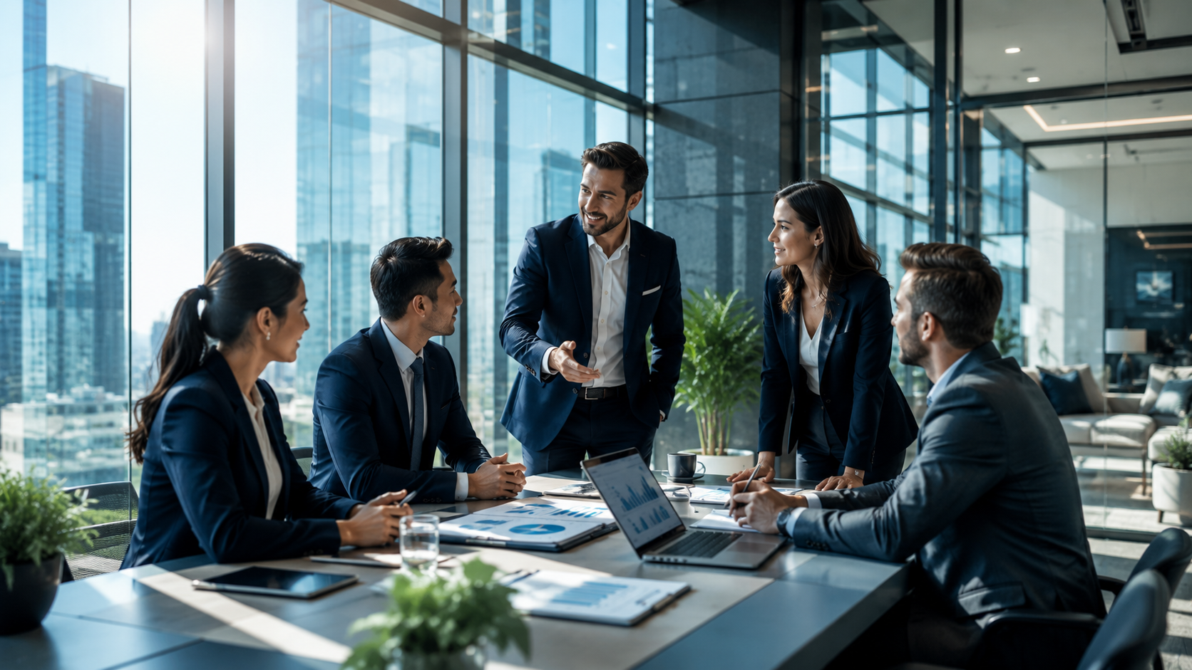 Business leaders and executives meeting in a modern corporate office to discuss company growth, risk management, and business protection strategies.