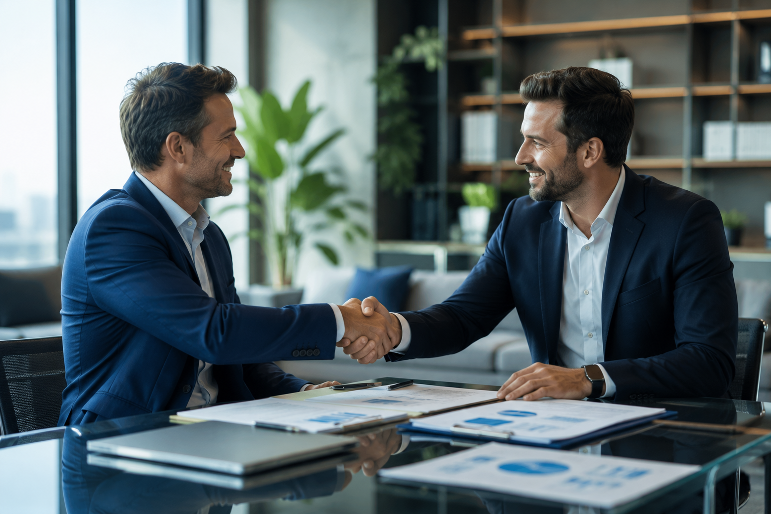 Two business partners reviewing company documents and shaking hands in a modern office, representing business continuity and financial protection.