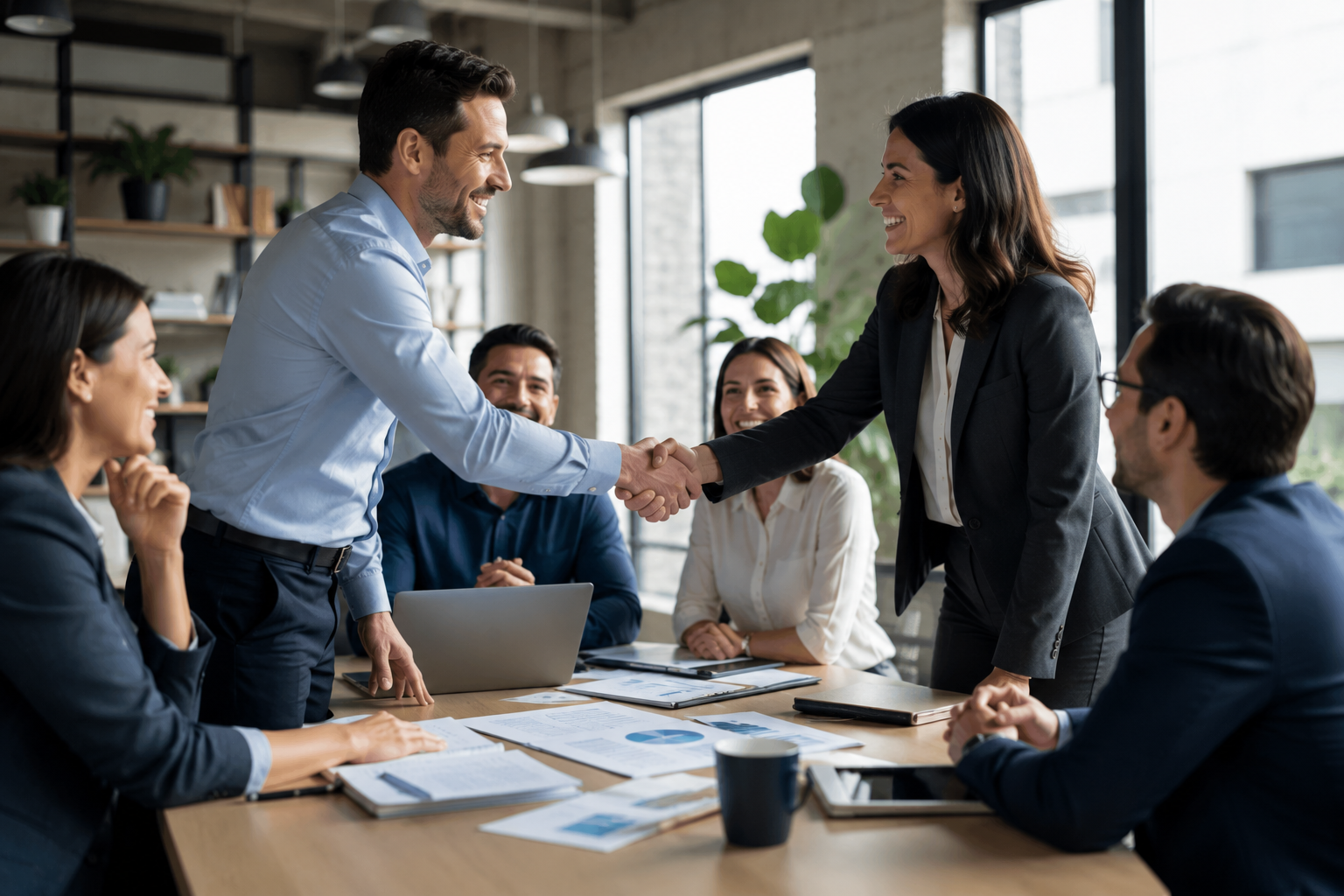 Key employees and business leaders collaborating in a professional office environment, representing workforce protection and employee retention.