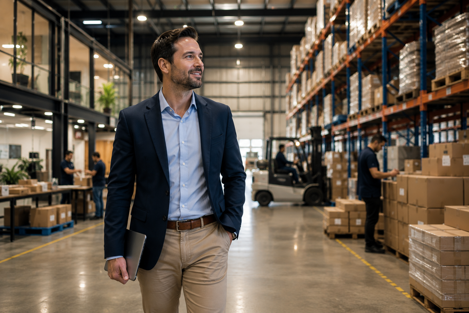 Business owner overseeing operations in a modern warehouse and distribution center, representing business growth, expansion, and long-term financial protection.